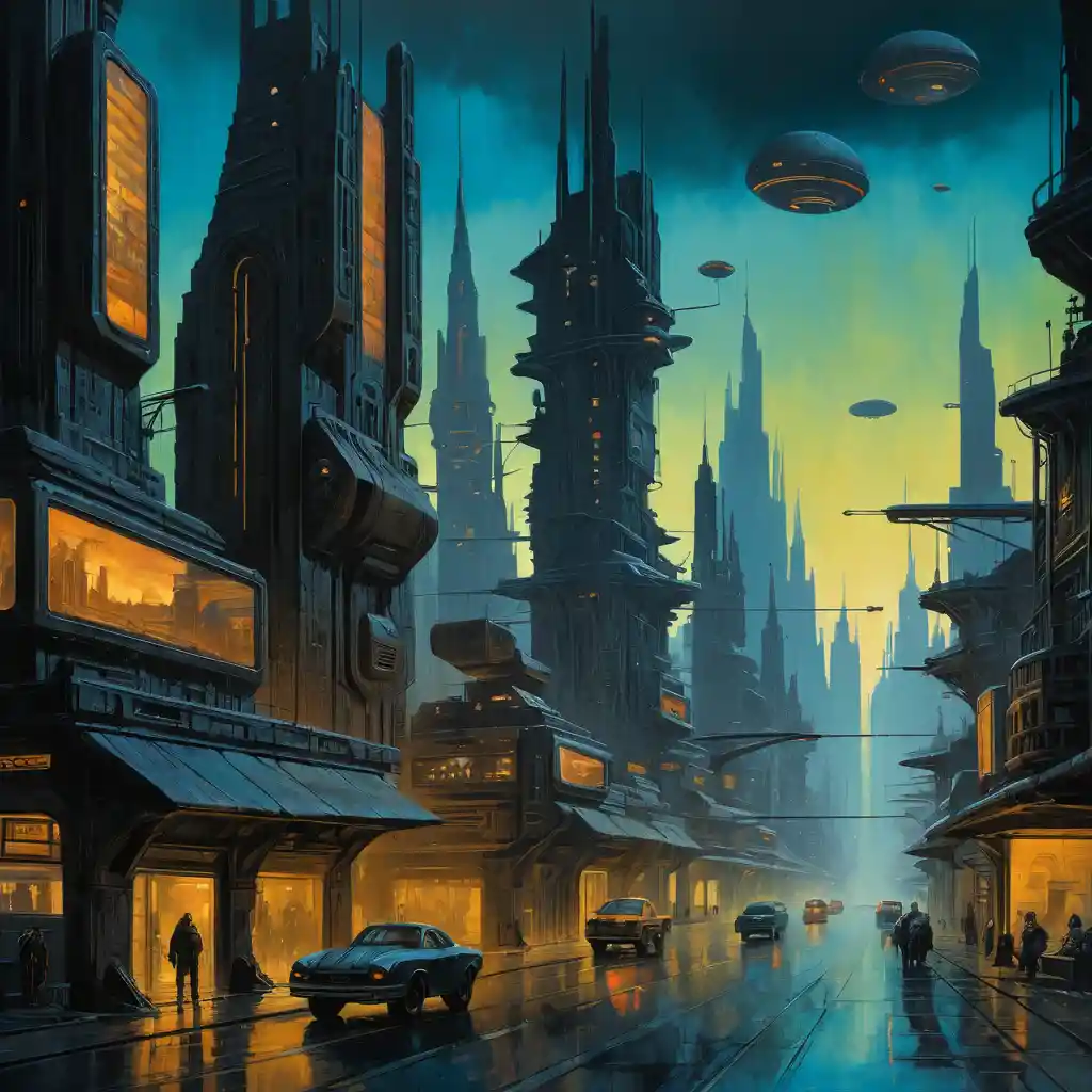 Moody Futuristic Metropolis Oil Painting At Dusk