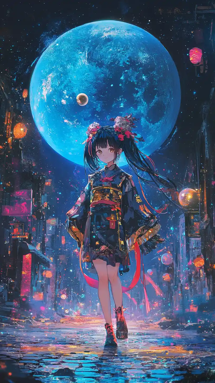 Anime girl floating in space near a colorful ringed planet