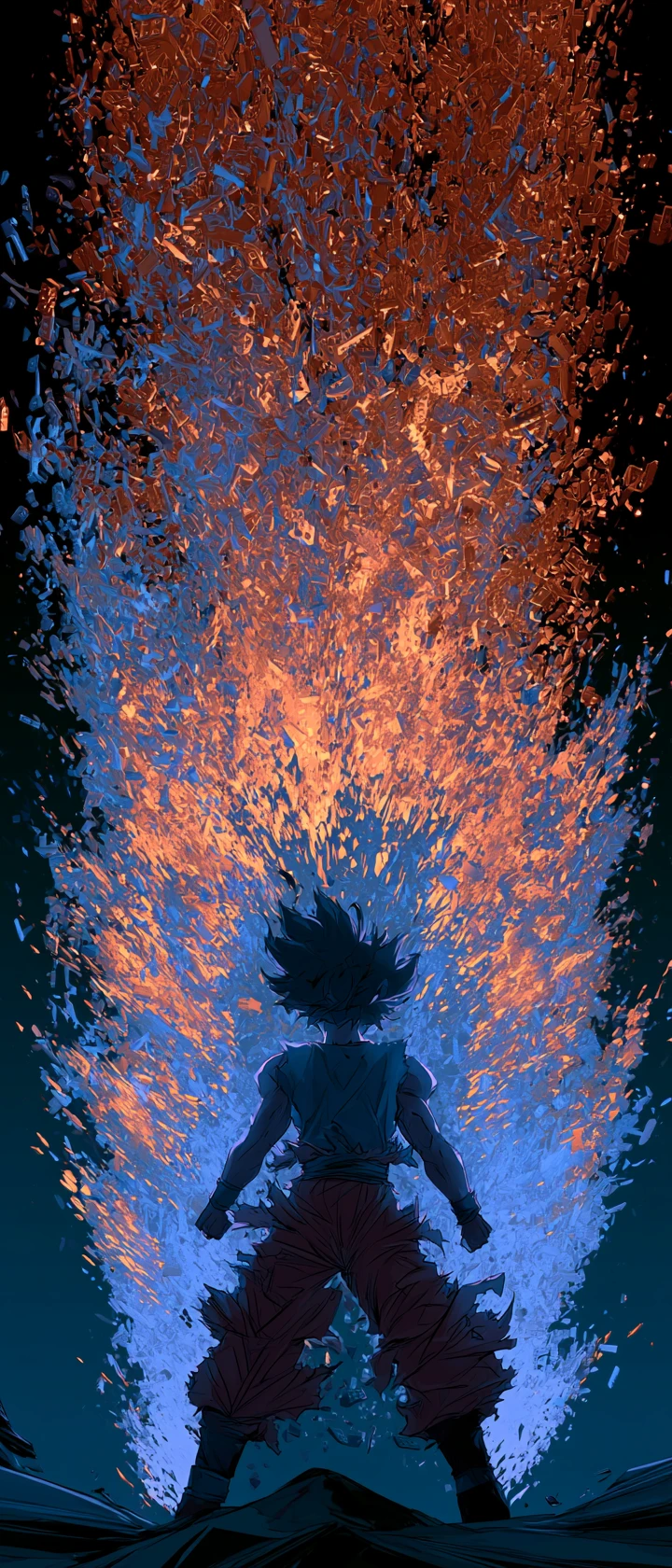 Artista marcial de anime carregando poder em meio a uma aura explosiva de blocos