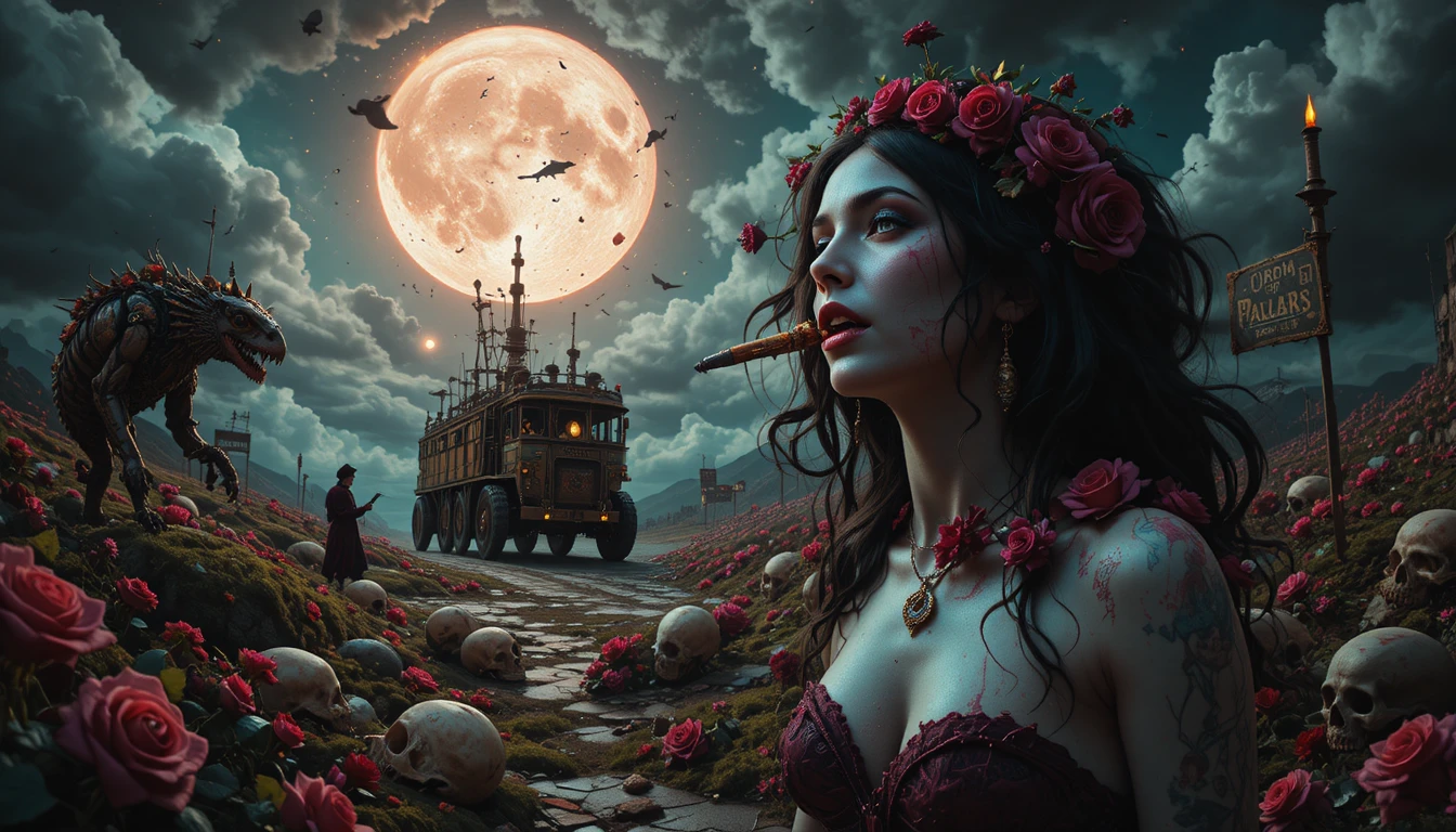 Ethereal figure under a surreal night sky of eyes