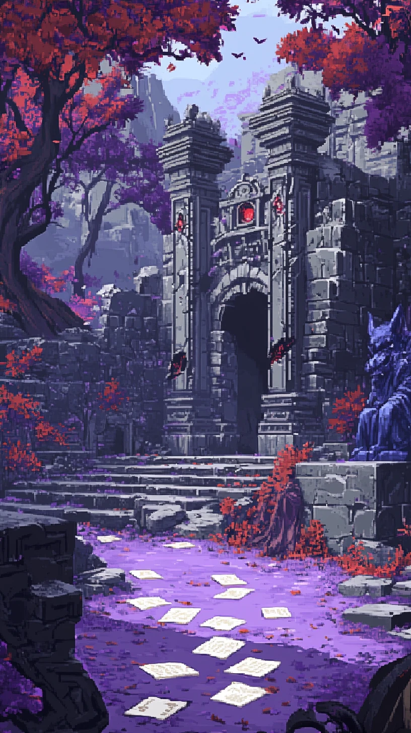 Mundo roxo em pixels com guerreira entre árvores sinistras
