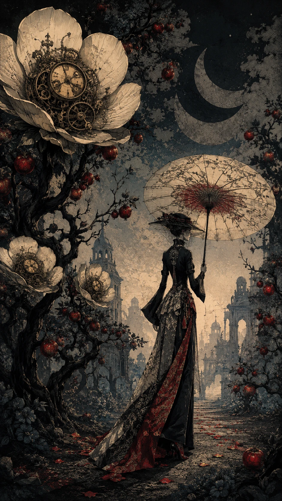 Mulher misteriosa em um pomar mecânico surreal noturno