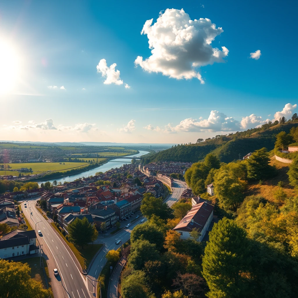 Colorful hillside town with riverside road and greenery