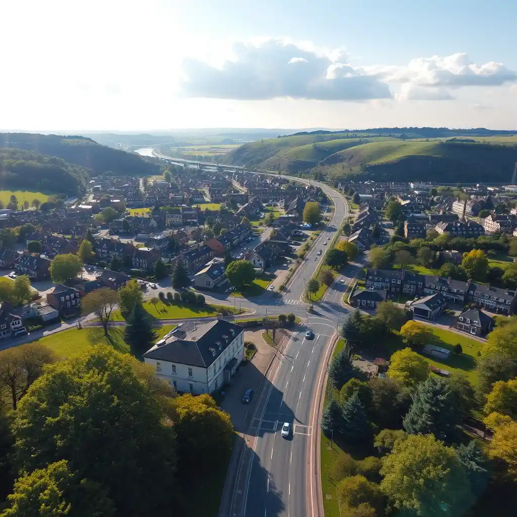 Modern riverside town with green hills and roads