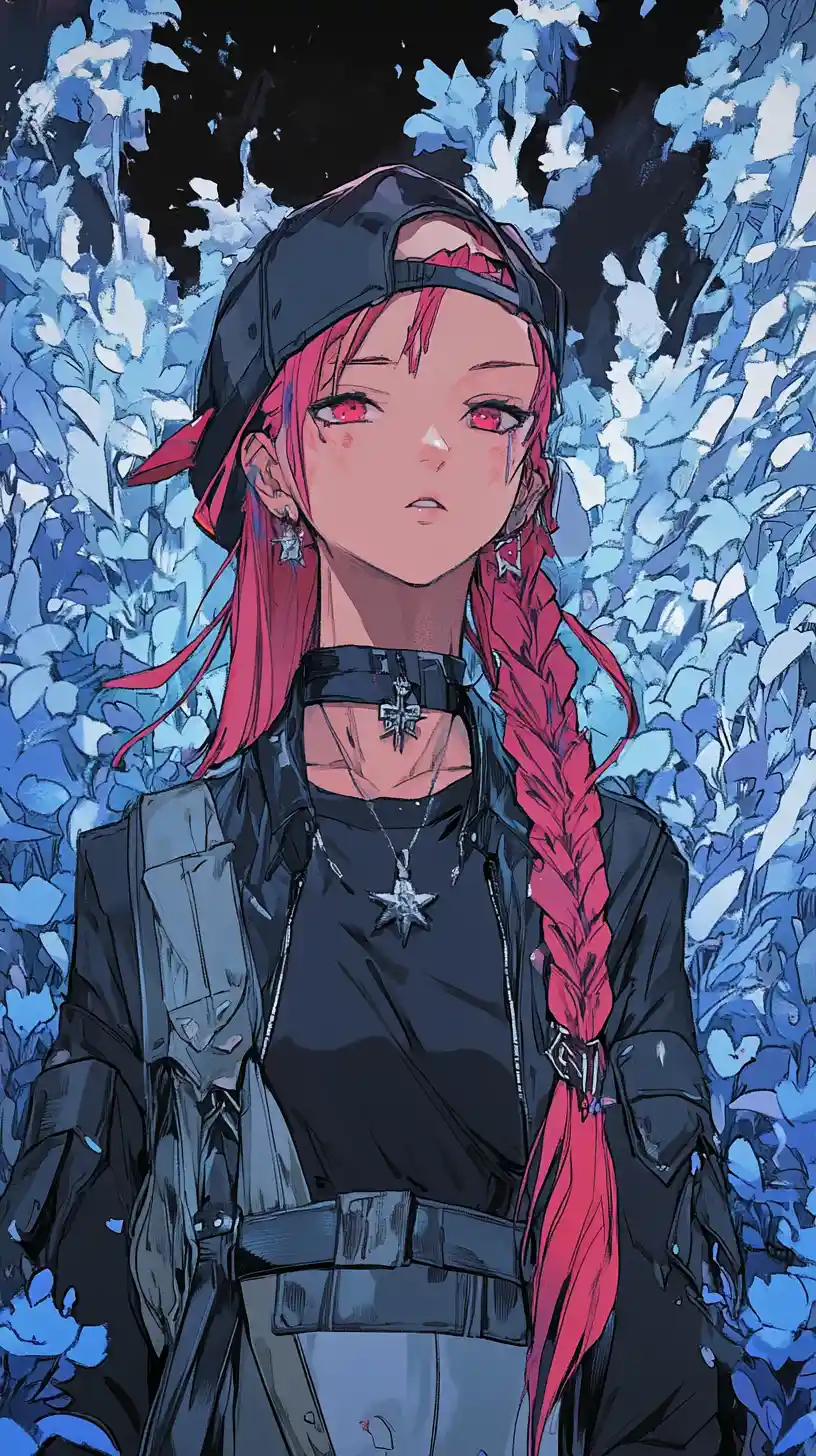 Anime-Mädchen mit rosa Haaren in aufwendigem Fantasy-Outfit