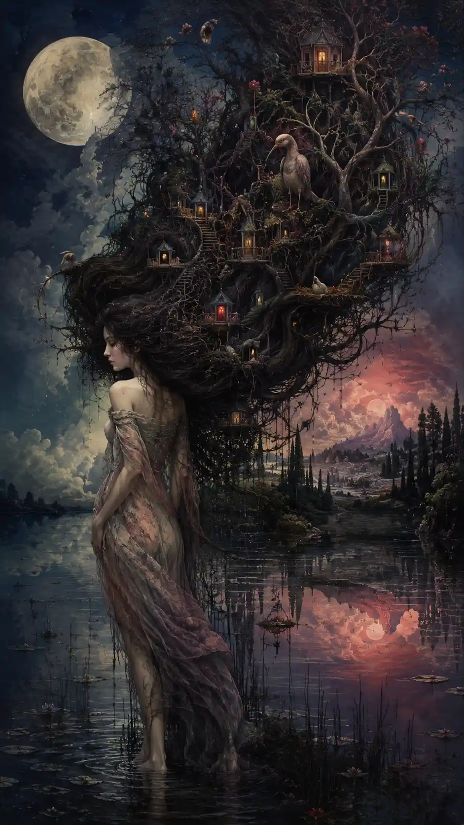 Woman in moonlit marsh with hair transforming into forest