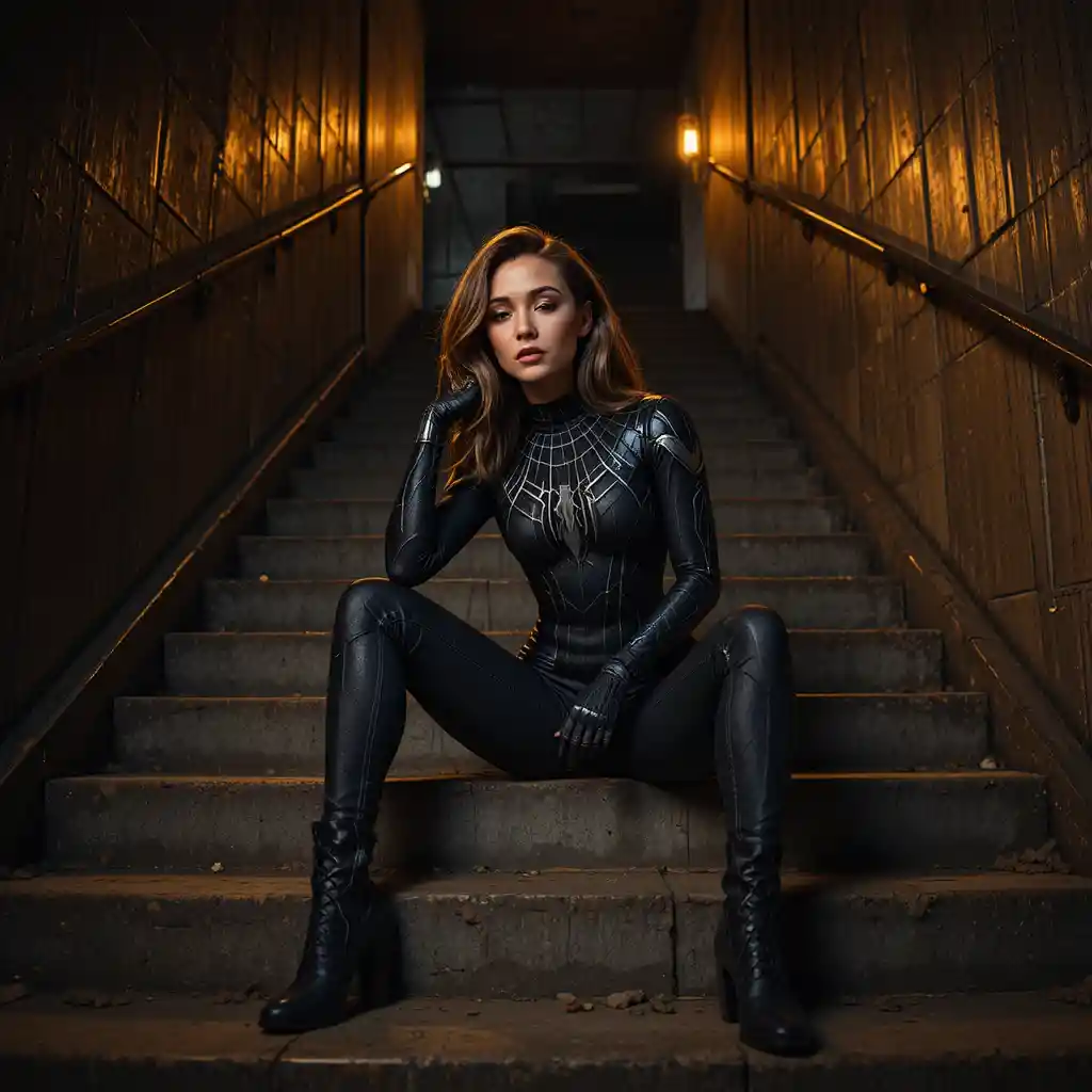 Spider girl resting on a dark urban concrete staircase