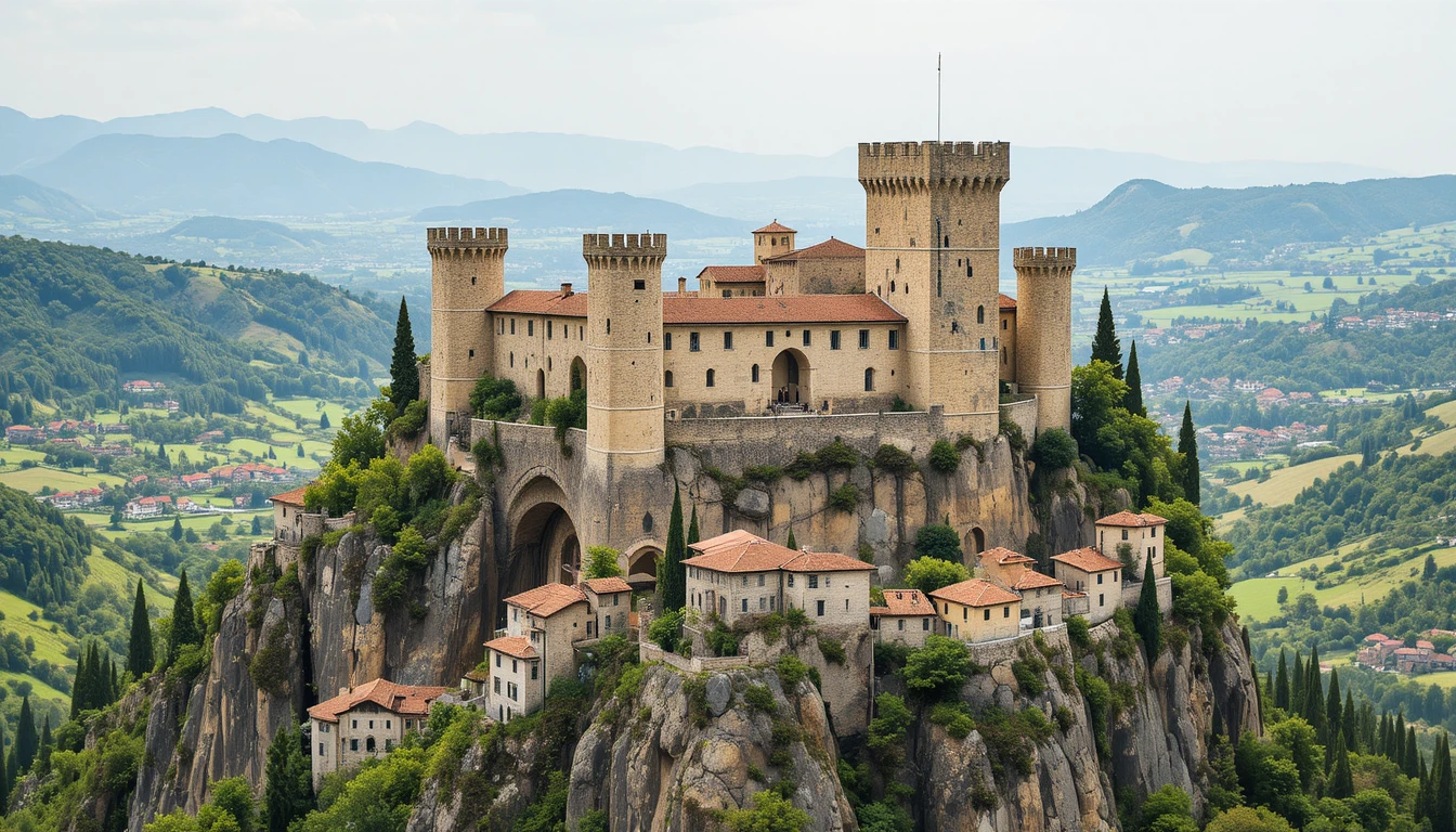 Castelo medieval de pedra sobre uma vila na encosta