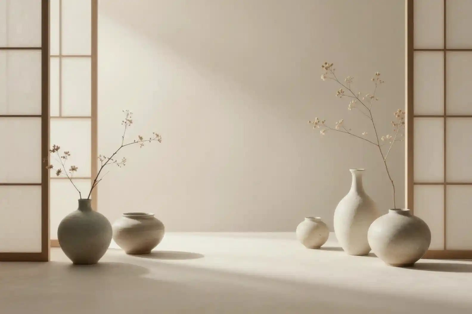 Serene Japandi Interior With Ceramic Vessels And Soft Light