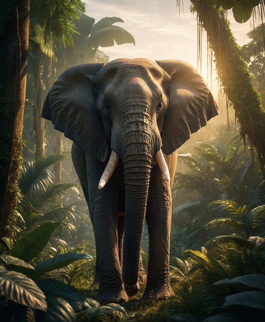 Elefante majestoso em uma selva exuberante ao pôr do sol