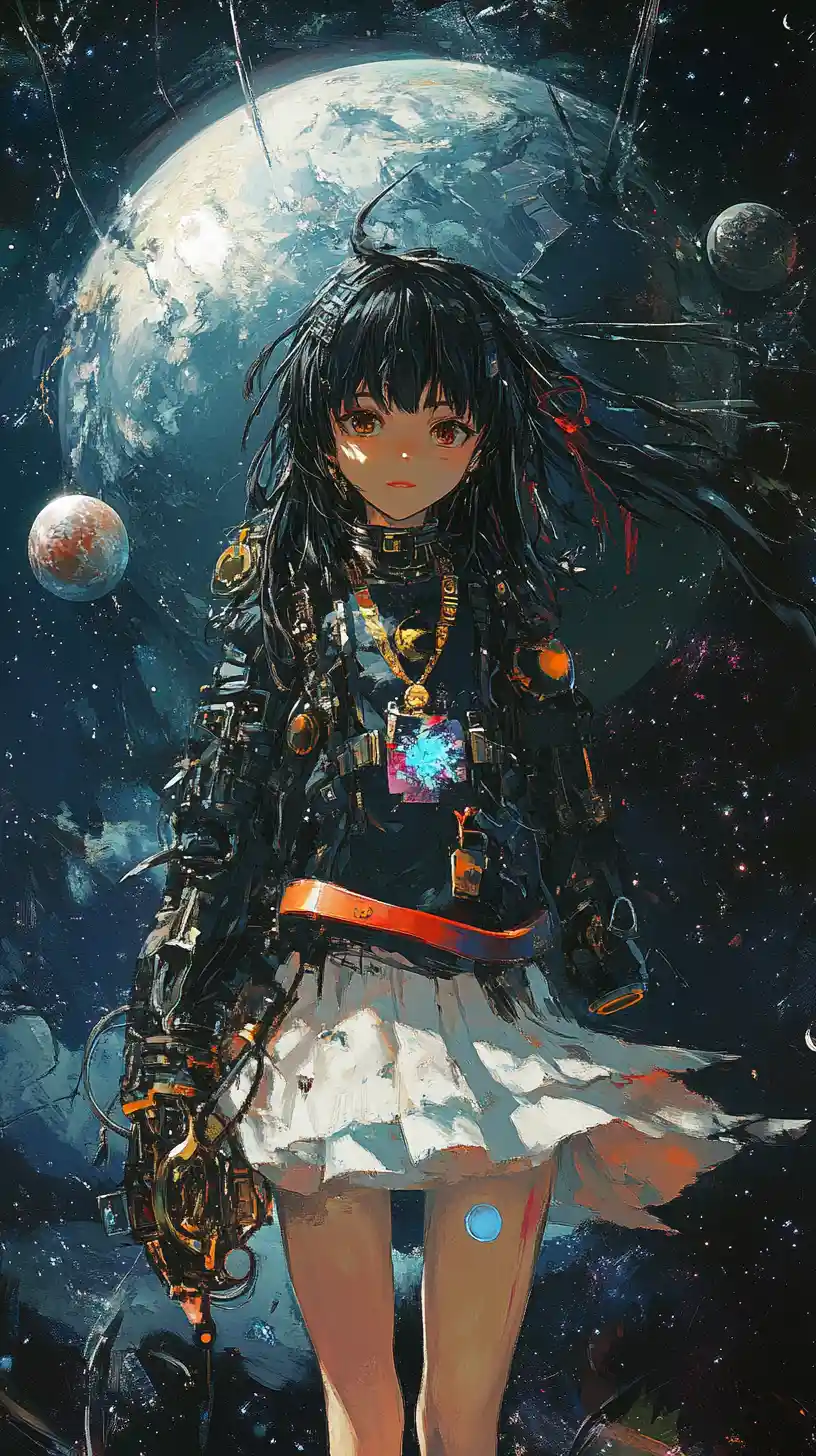 Ragazza anime che fluttua nello spazio vicino a un colorato pianeta con anelli