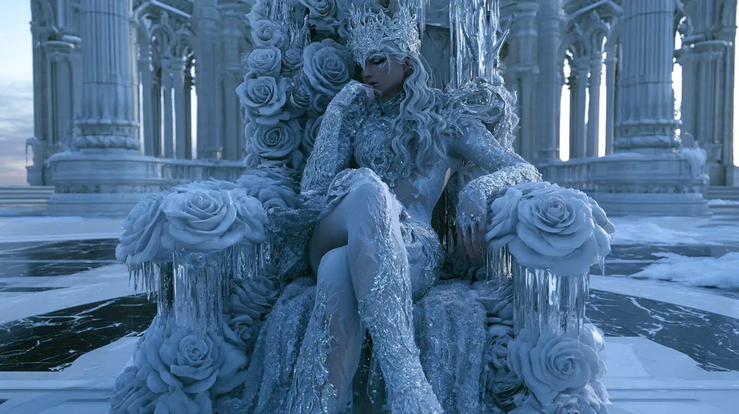 Rainha do gelo mística sentada em um trono de rosas congeladas