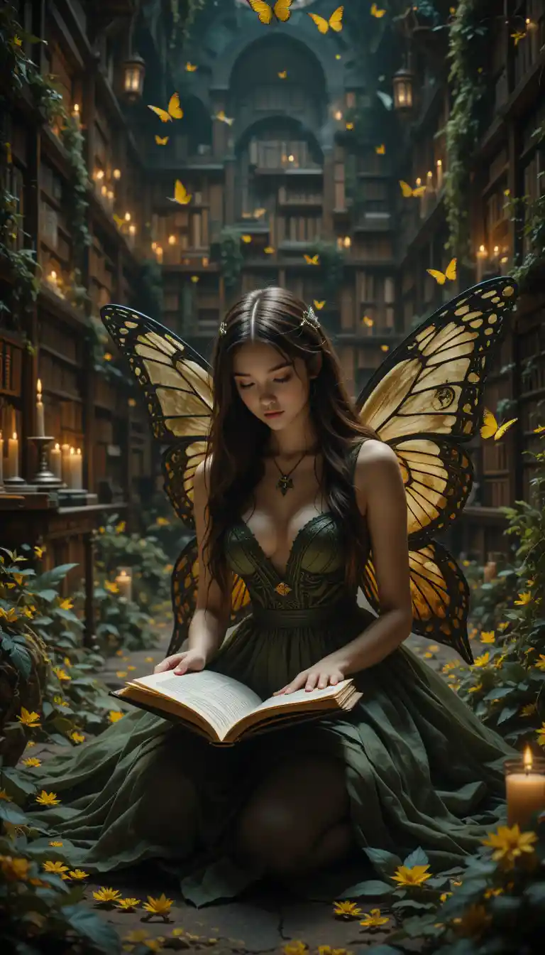 Butterfly winged girl reading a grimoire in dark library