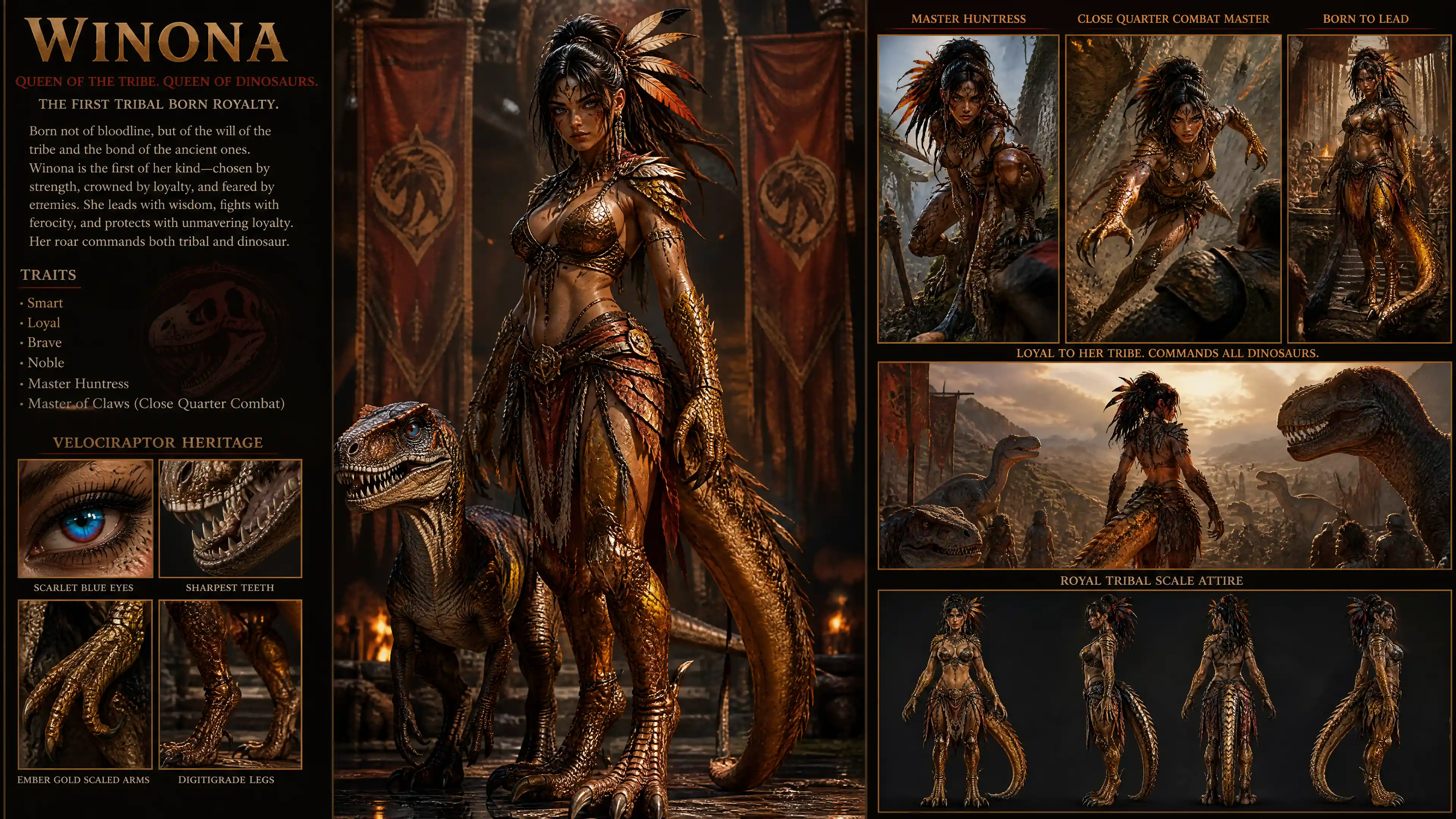 Tribal dinosaur queen with raptor features in regal pose