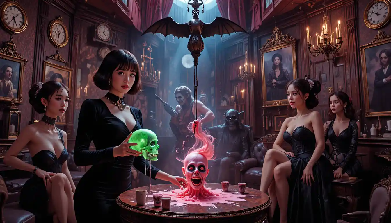 Surreal nightclub scene with women in a macabre bar
