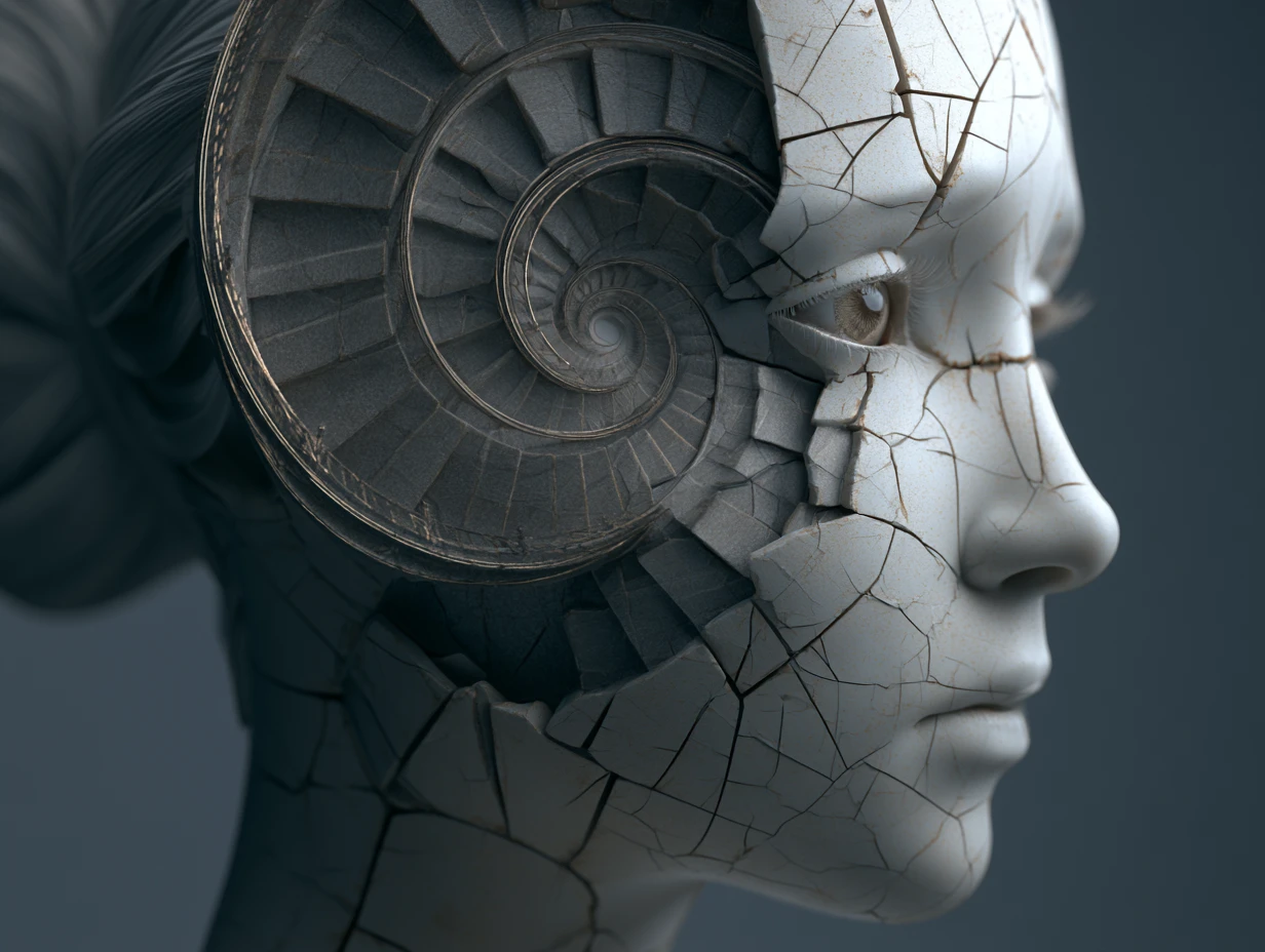Retrato 3D surreal de uma mulher com rosto de porcelana rachada