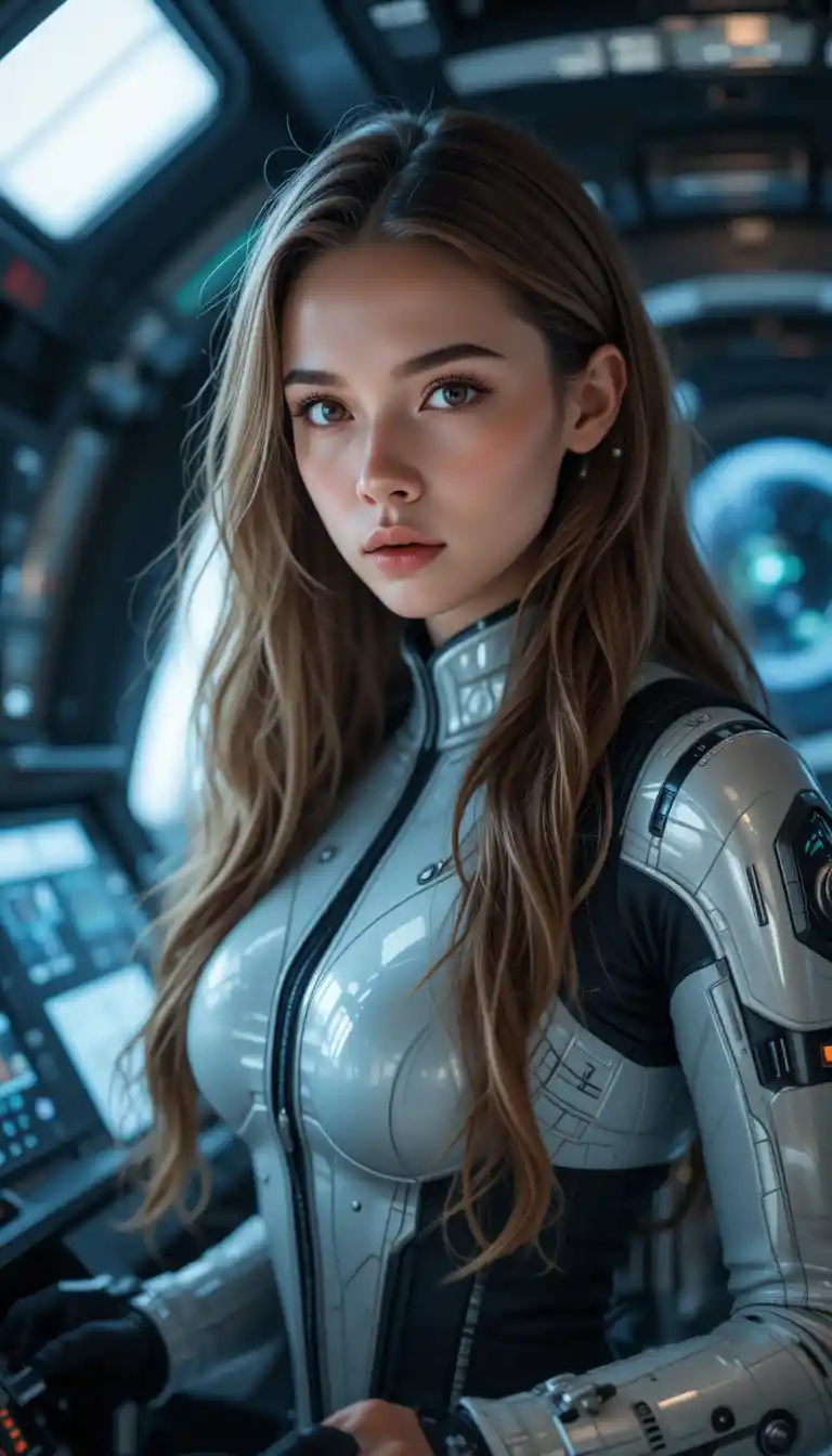 Determined woman piloting a starship in a futuristic cockpit