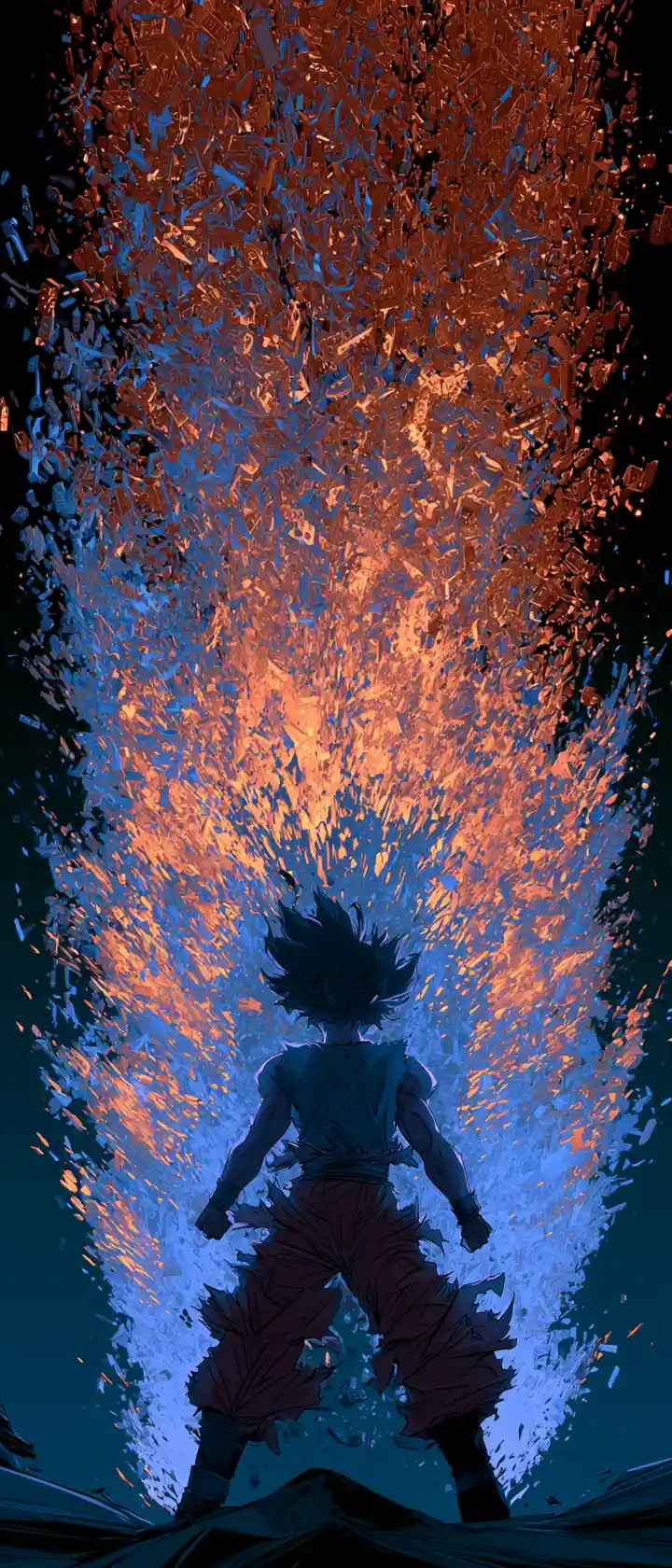 Anime martial artist powering up amid explosive brick aura