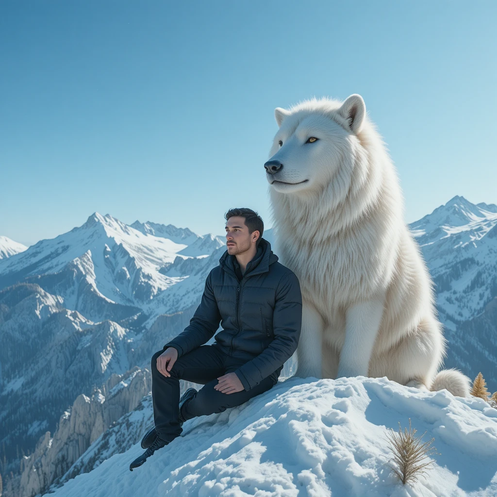 Homem sentado com lobo branco em crista de montanha nevada