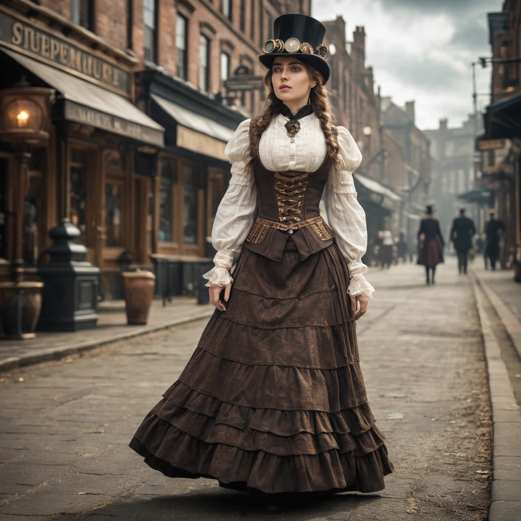 Dama steampunk com saia vitoriana caminhando pela rua da cidade