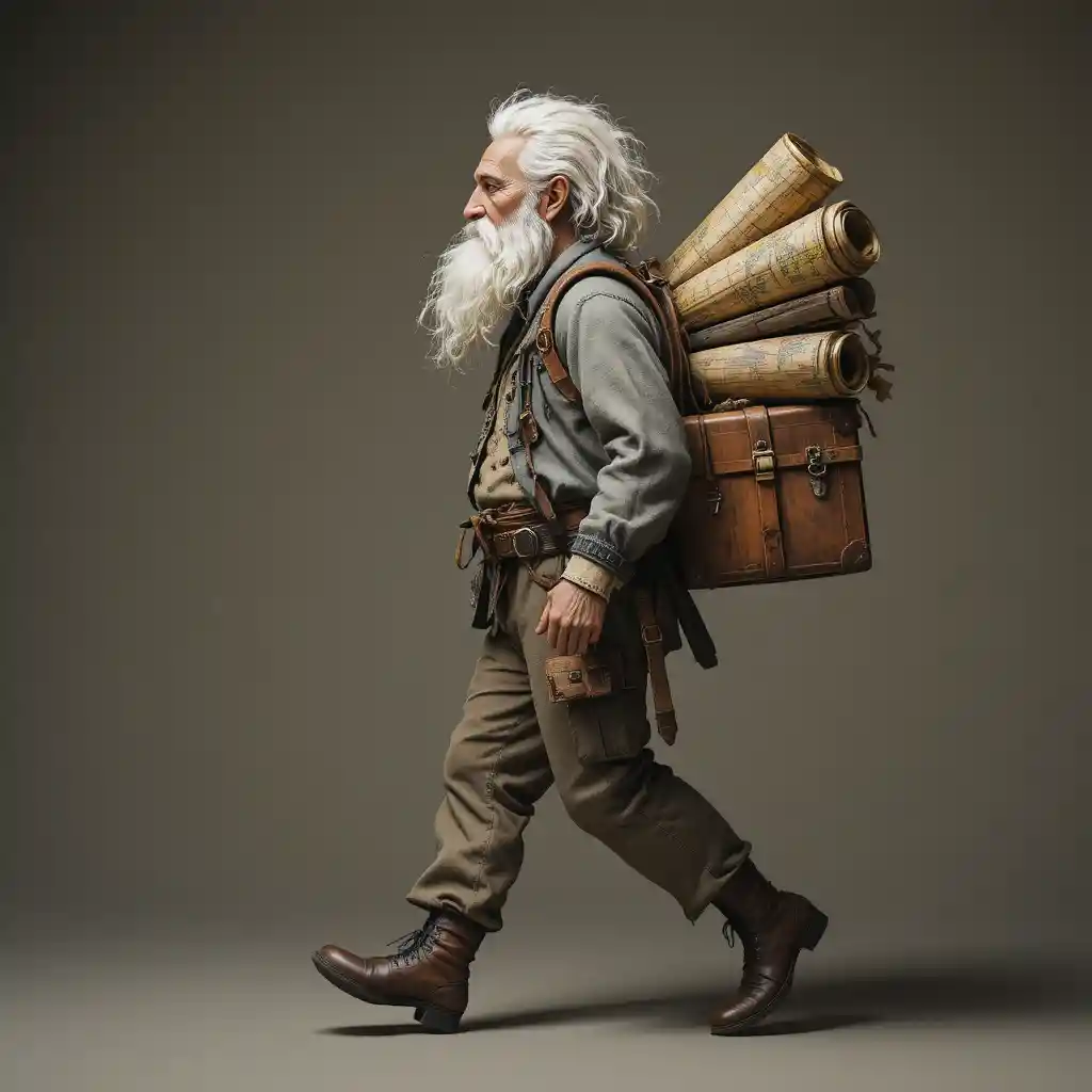 Whimsical Elderly Adventurer Walking With Suitcase And Maps