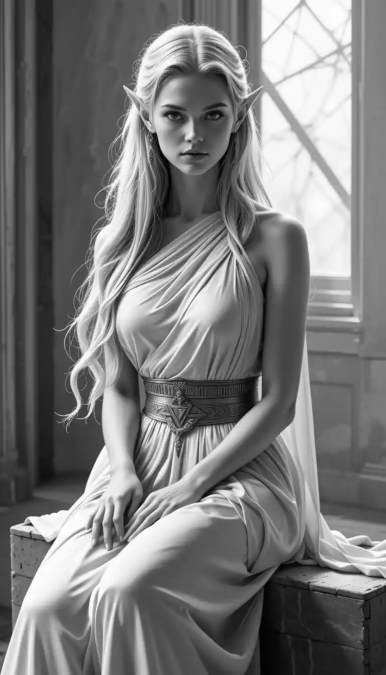 Serene elf woman seated in a flowing white gown