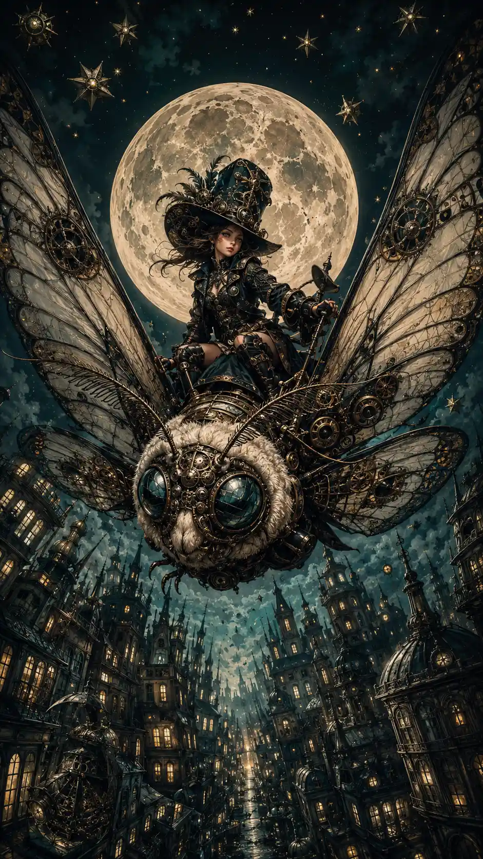 Miniature adventurer riding a mechanical moth over midnight city