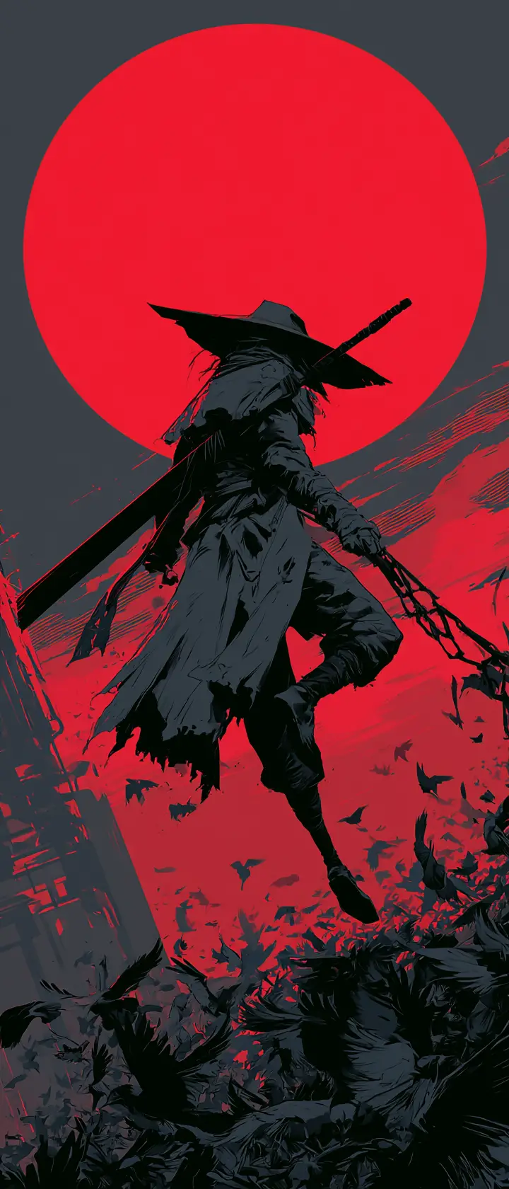 Dark hunter leaping before a vast red sun
