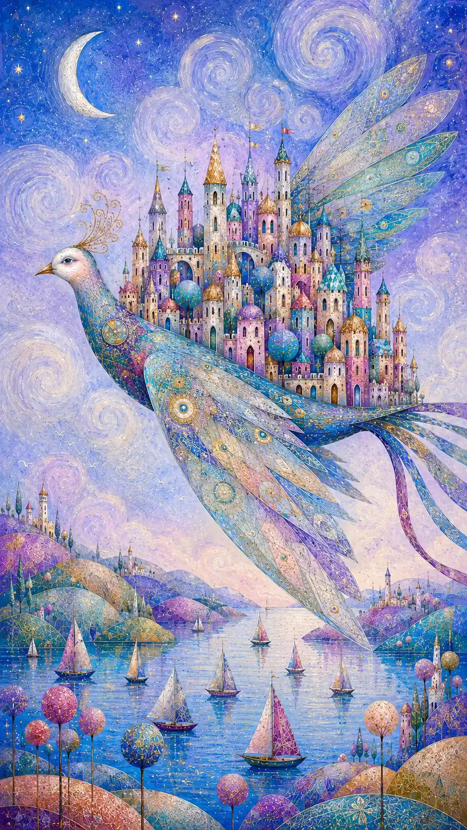 Surreal bird carrying a whimsical floating city at dusk