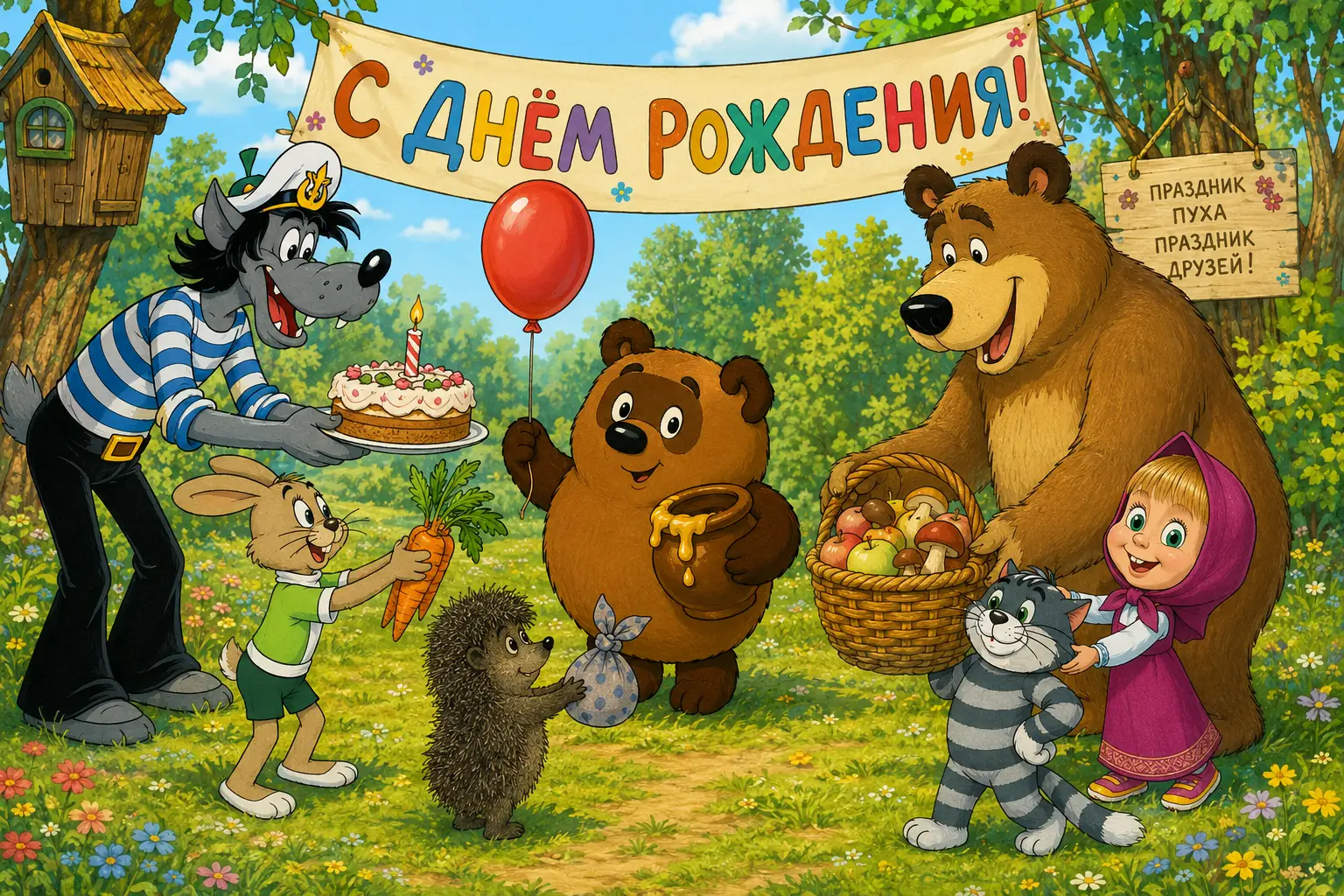 Cheerful bear birthday party in a sunny forest clearing