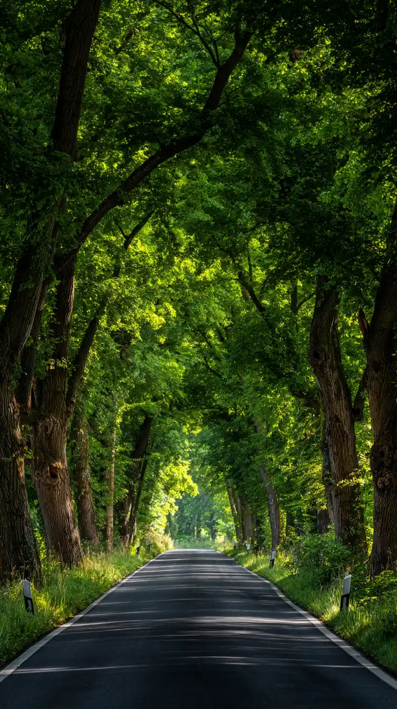Peaceful forest road under a lush green tree tunnel