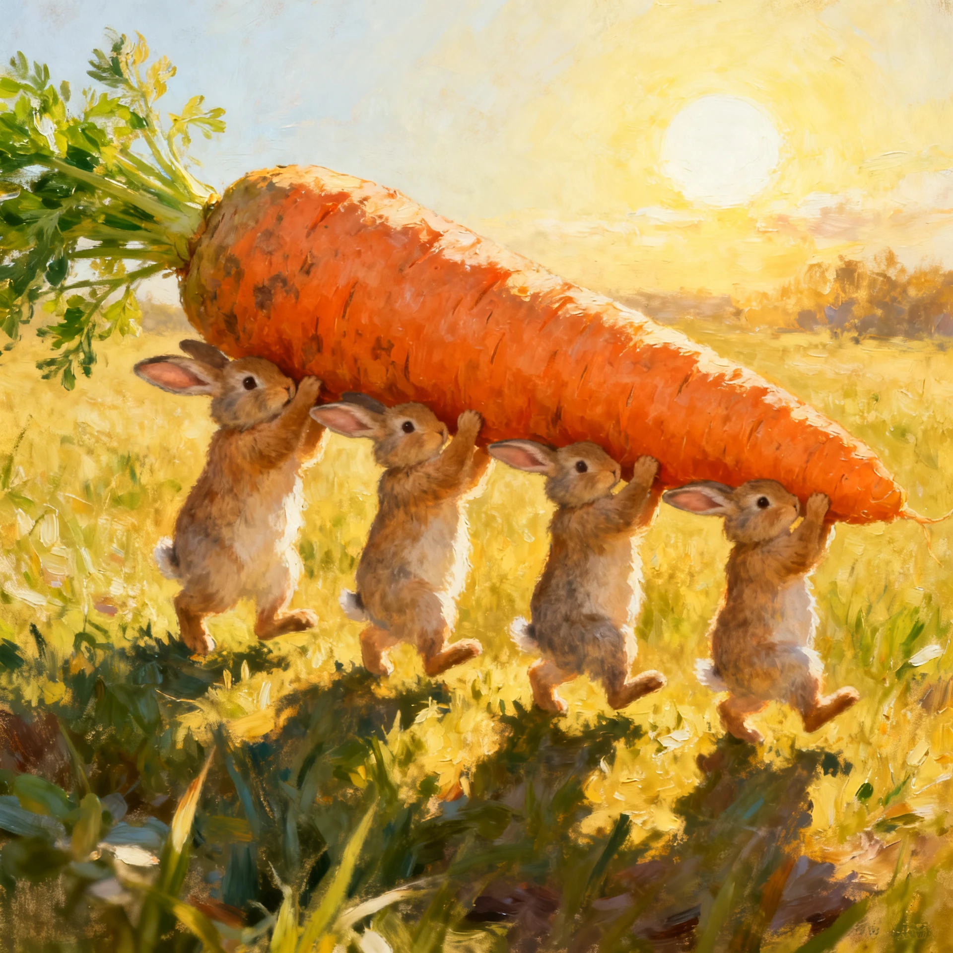 Coelhinhos minúsculos carregando uma cenoura enorme sob o sol brilhante