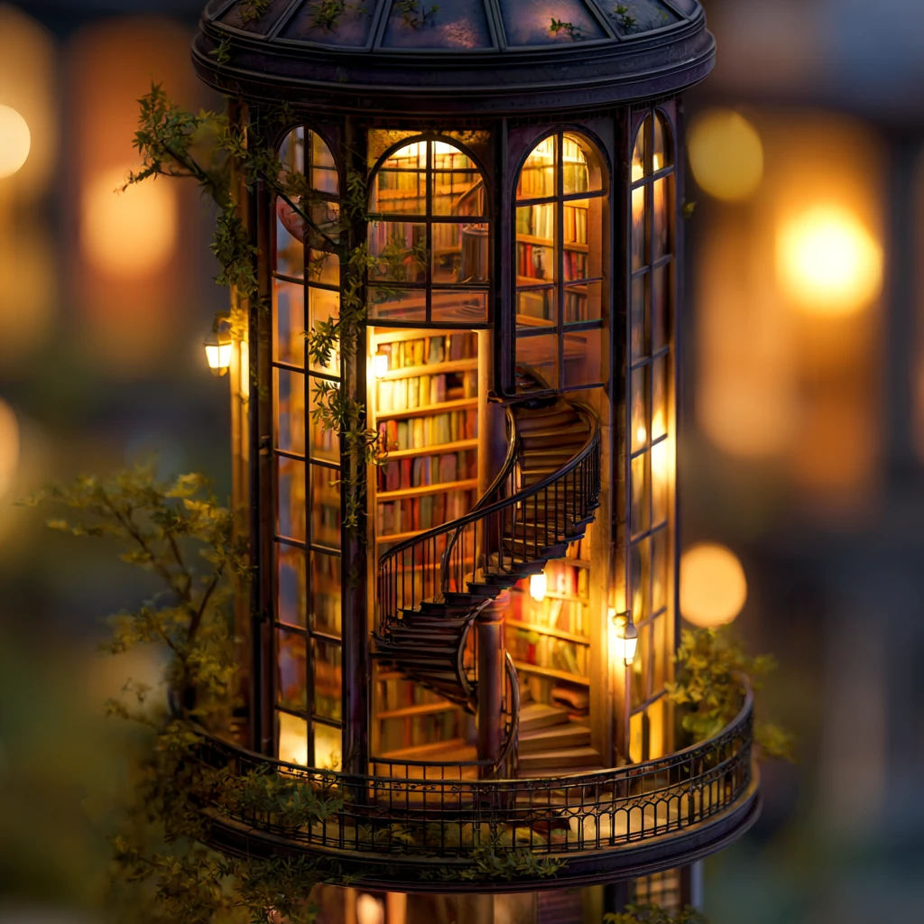 Türmen­de Laternenbibliothek mit leuchtenden Wendeltreppen