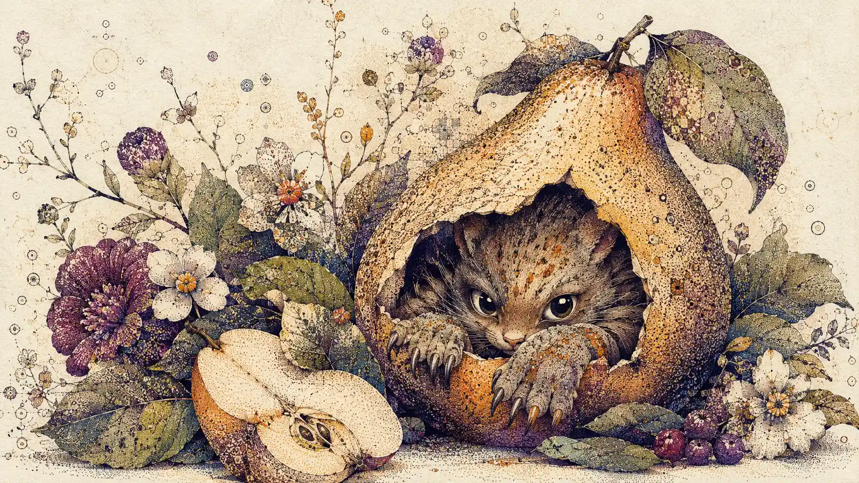 Tiny woodland creature peeking from a hollow pear