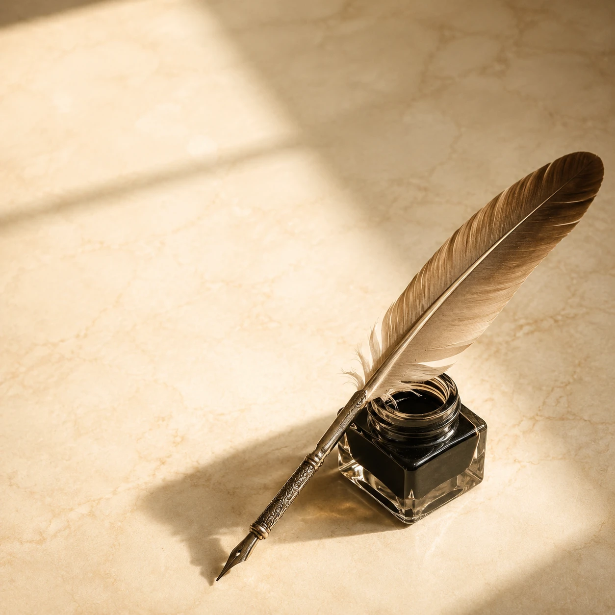 Feather quill and inkwell on pale stone surface