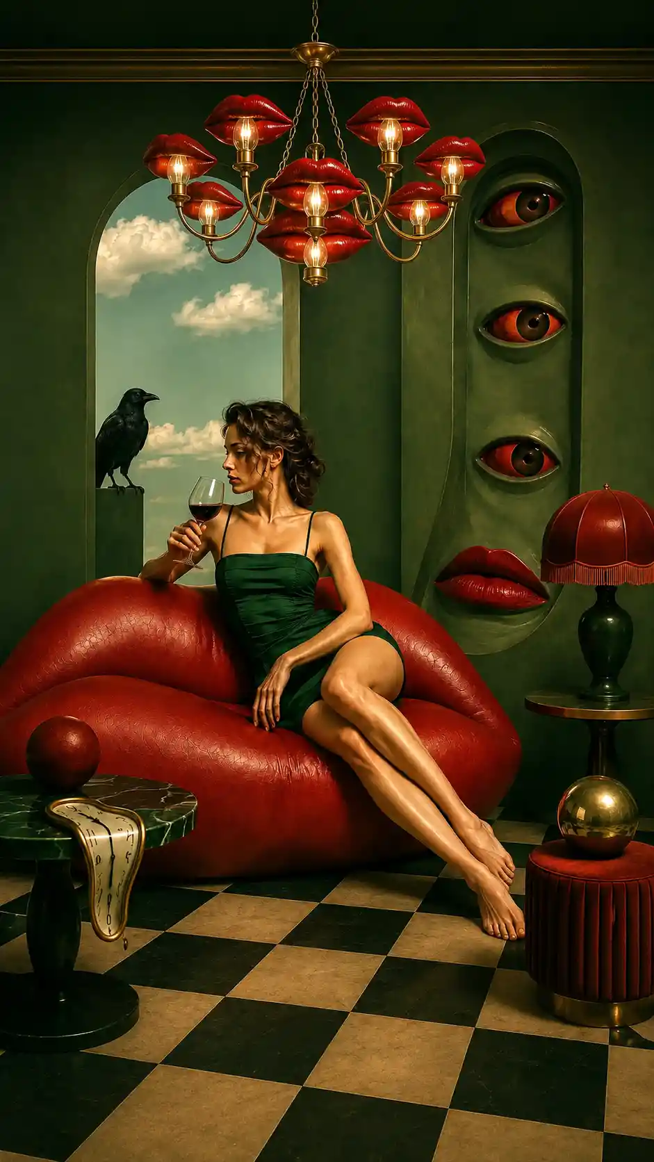 Elegant woman holding red wine under surreal chandelier