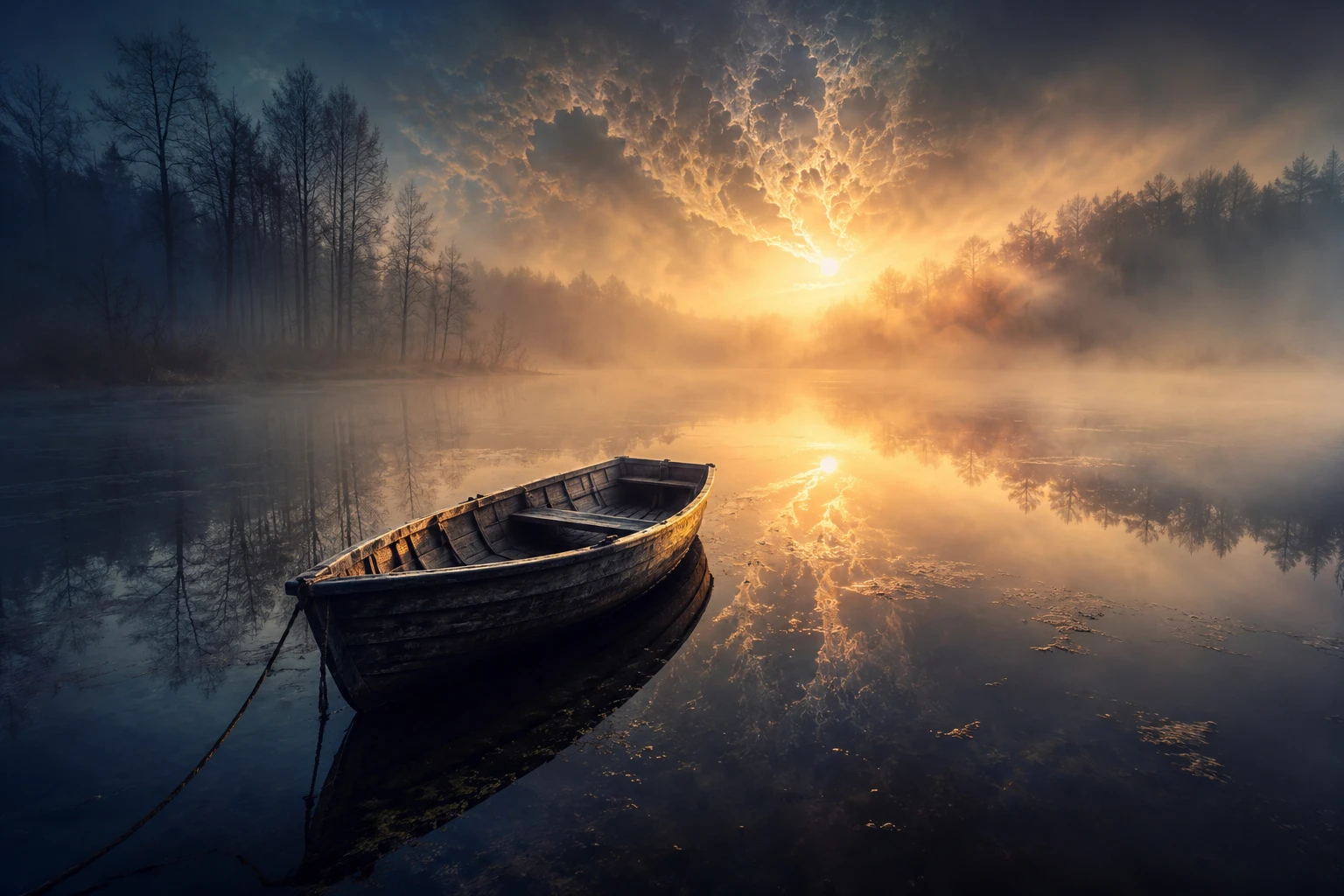 Einsames Ruderboot auf einem nebligen See im Sonnenaufgang