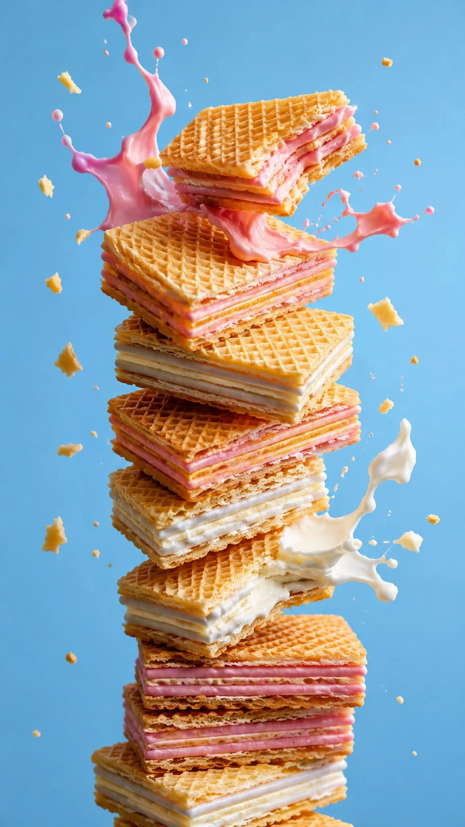 Wafer dorati impilati con crema alla fragola che spruzza