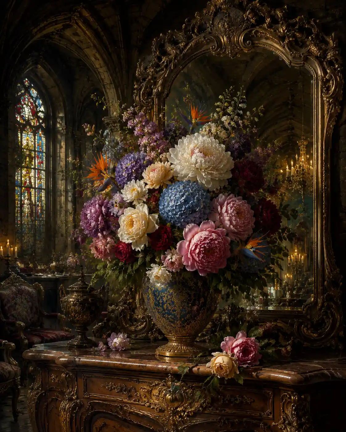 Ornate flower vase before an antique mirror in shadowy hall