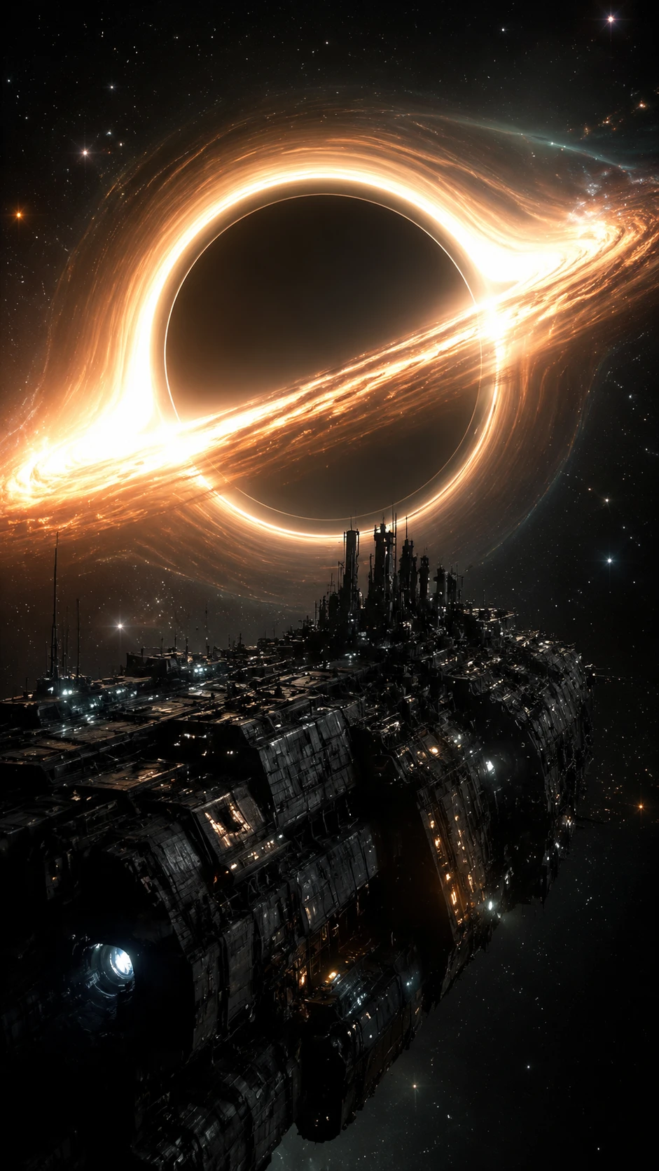 Buraco negro colossal à espreita atrás de uma enorme nave de guerra espacial