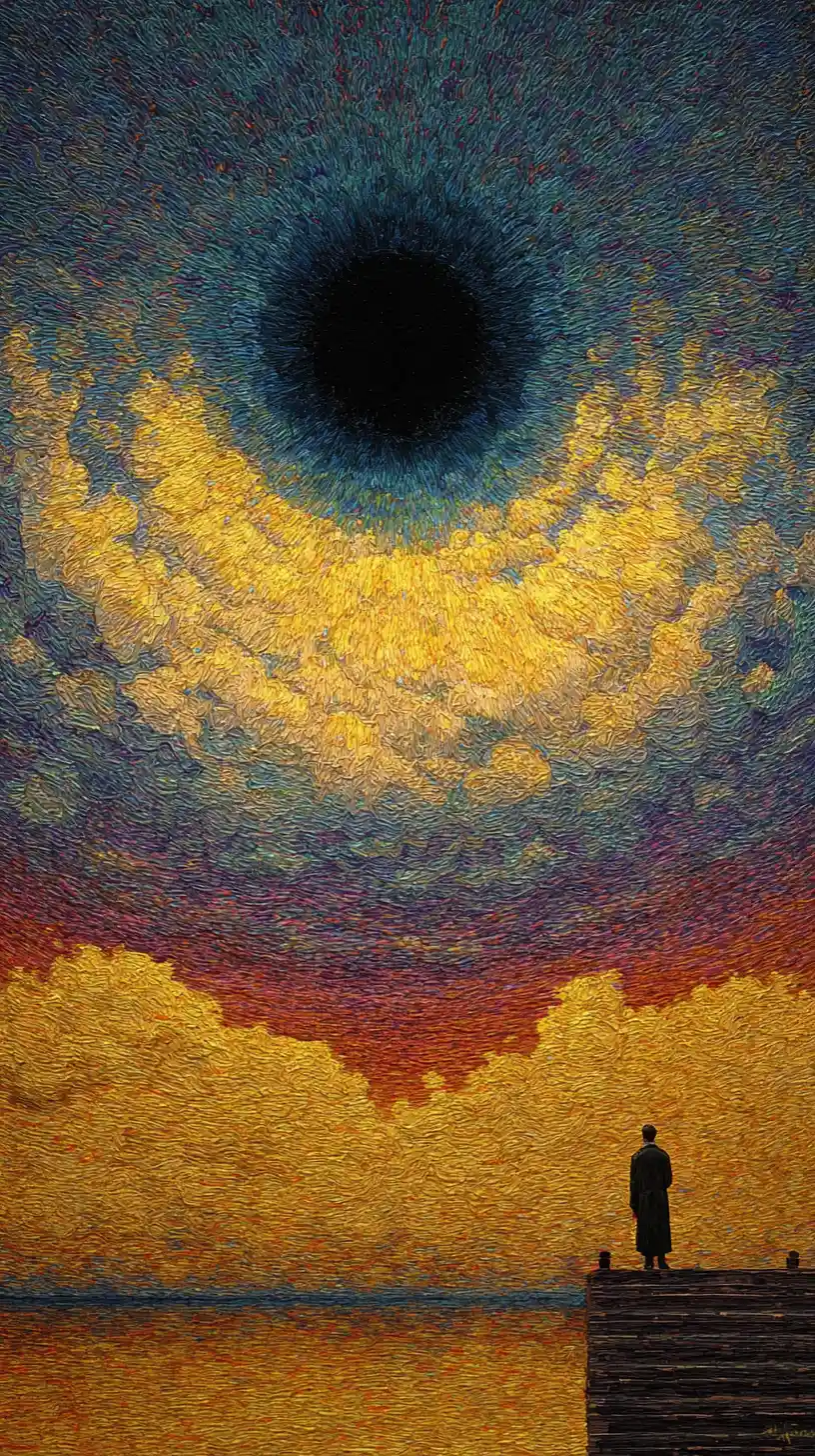 Surreal abstract landscape painted in soft indigo and warm hues