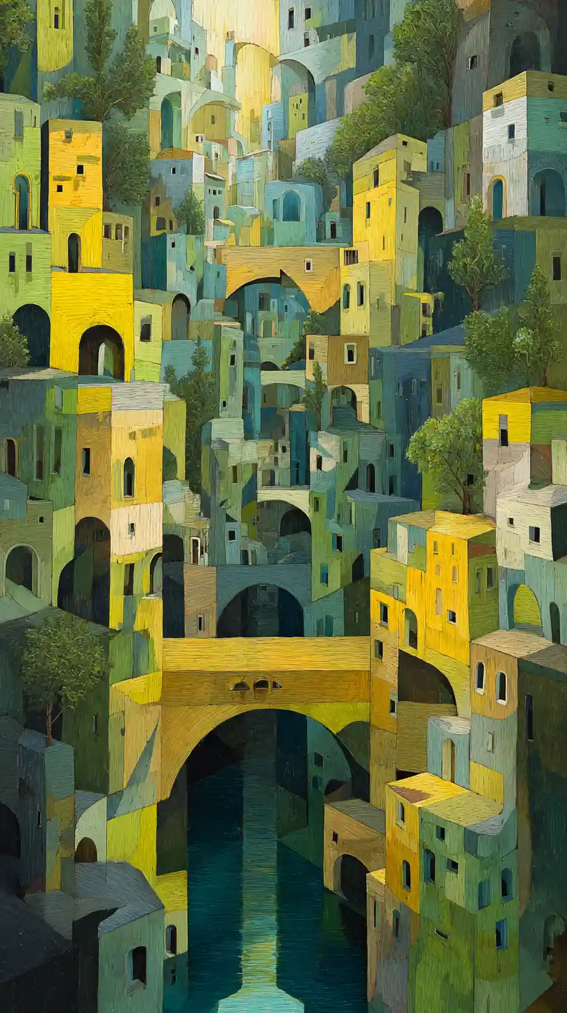 Surreal woolen cityscape in green yellow and blue hues