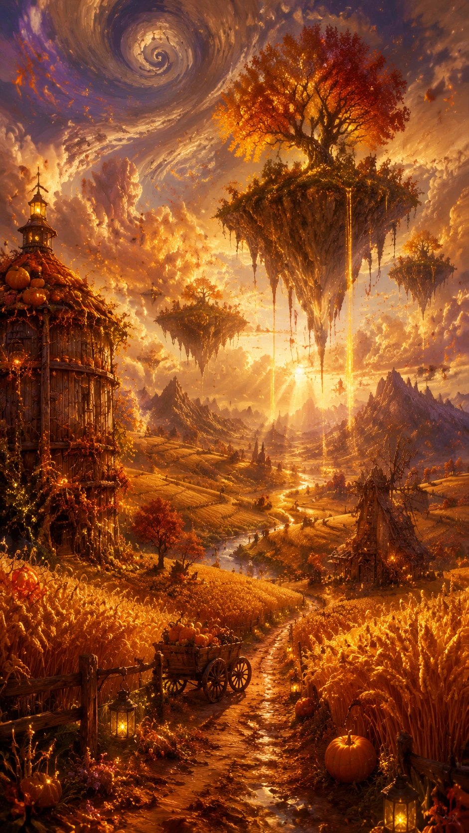 Campo de outono surreal com ilhas de colheita flutuantes e brilhantes