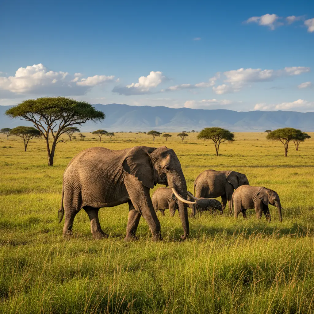 Elephant herd crossing a sunlit savannah under blue sky