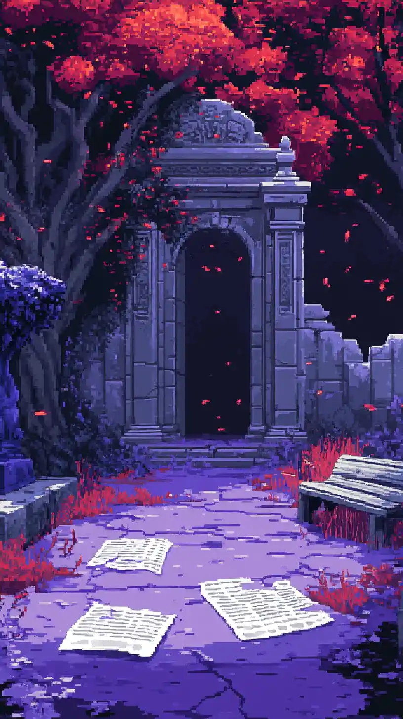 Pixelated purple world with a blue cat statue