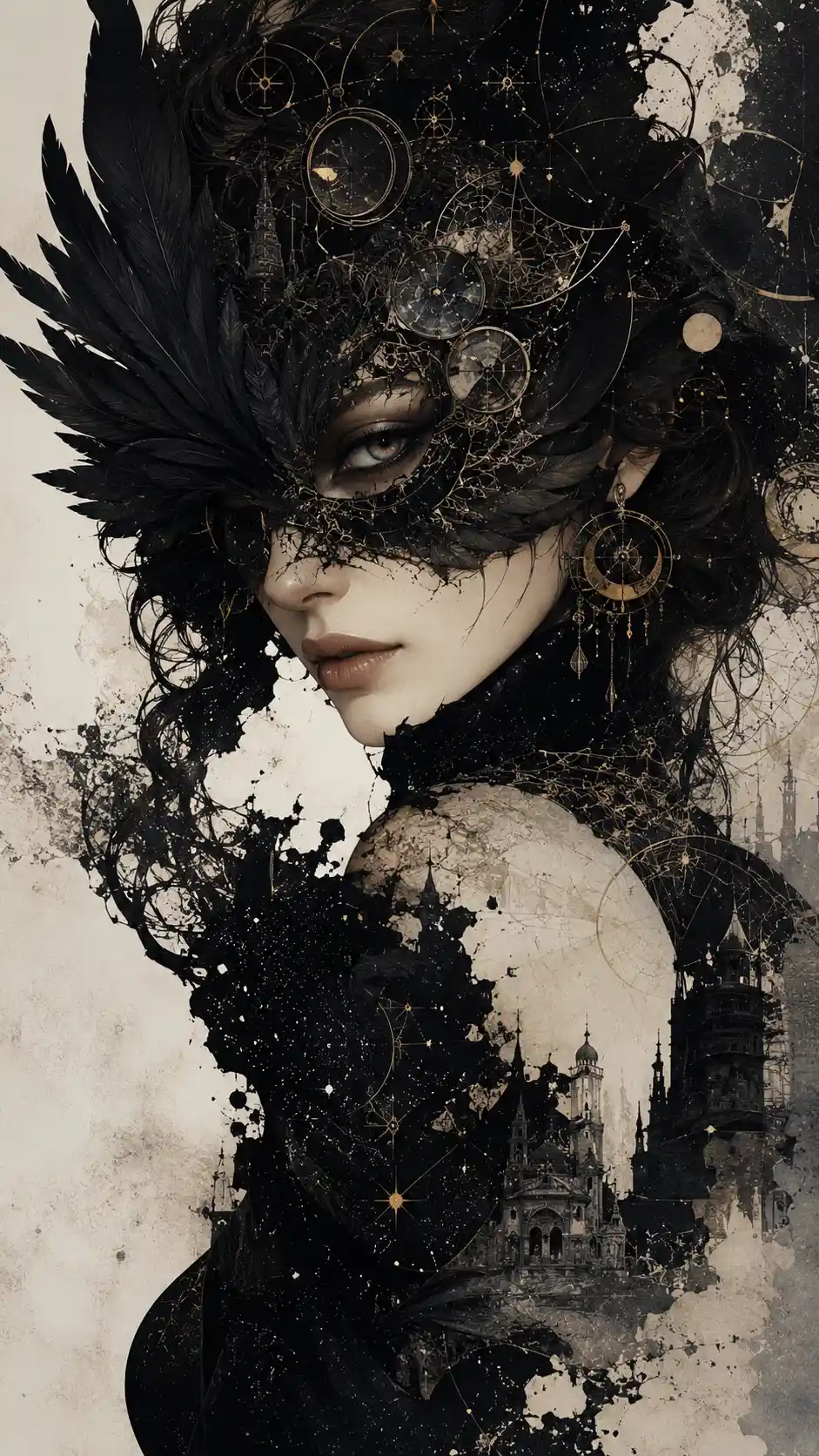 Mysterious woman in feathered mask with celestial details