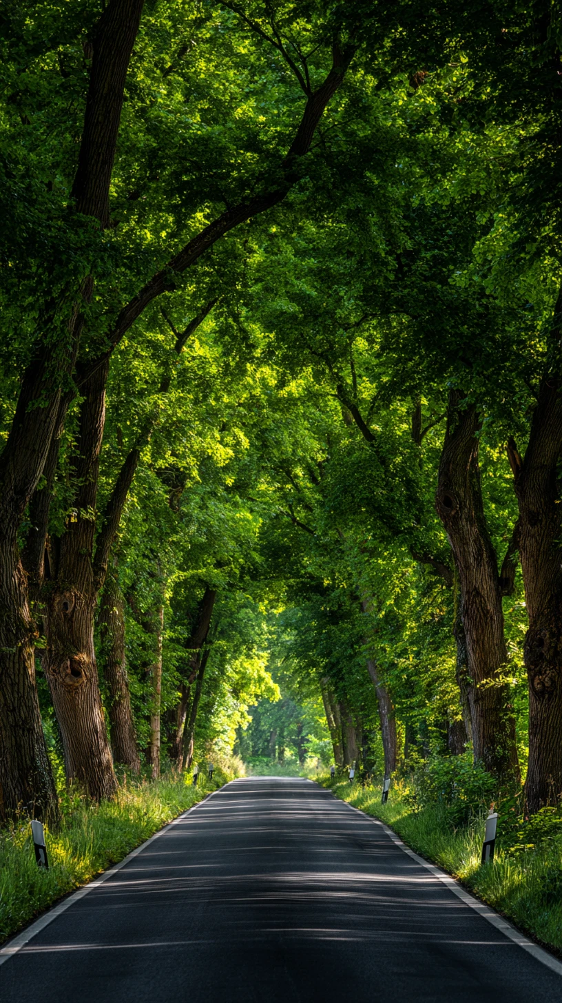 Strada di foresta tranquilla sotto un tunnel di alberi verde intenso