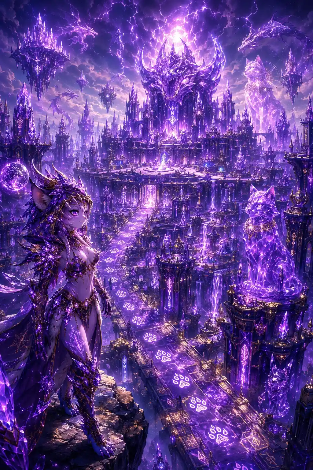 Hero on a cliff overlooking a colossal crystal dragon city