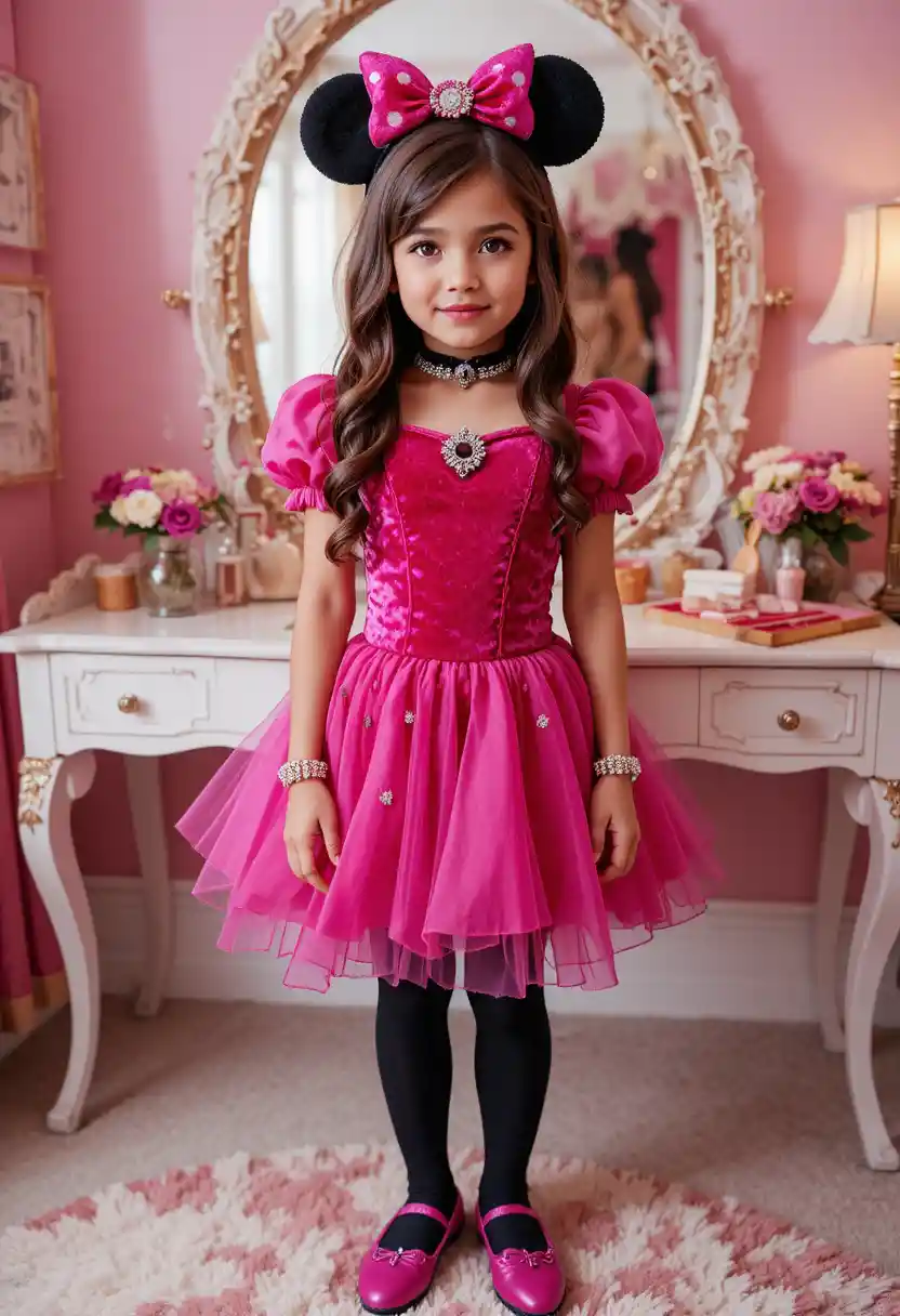 Nervous tween boy in princess costume at pink vanity