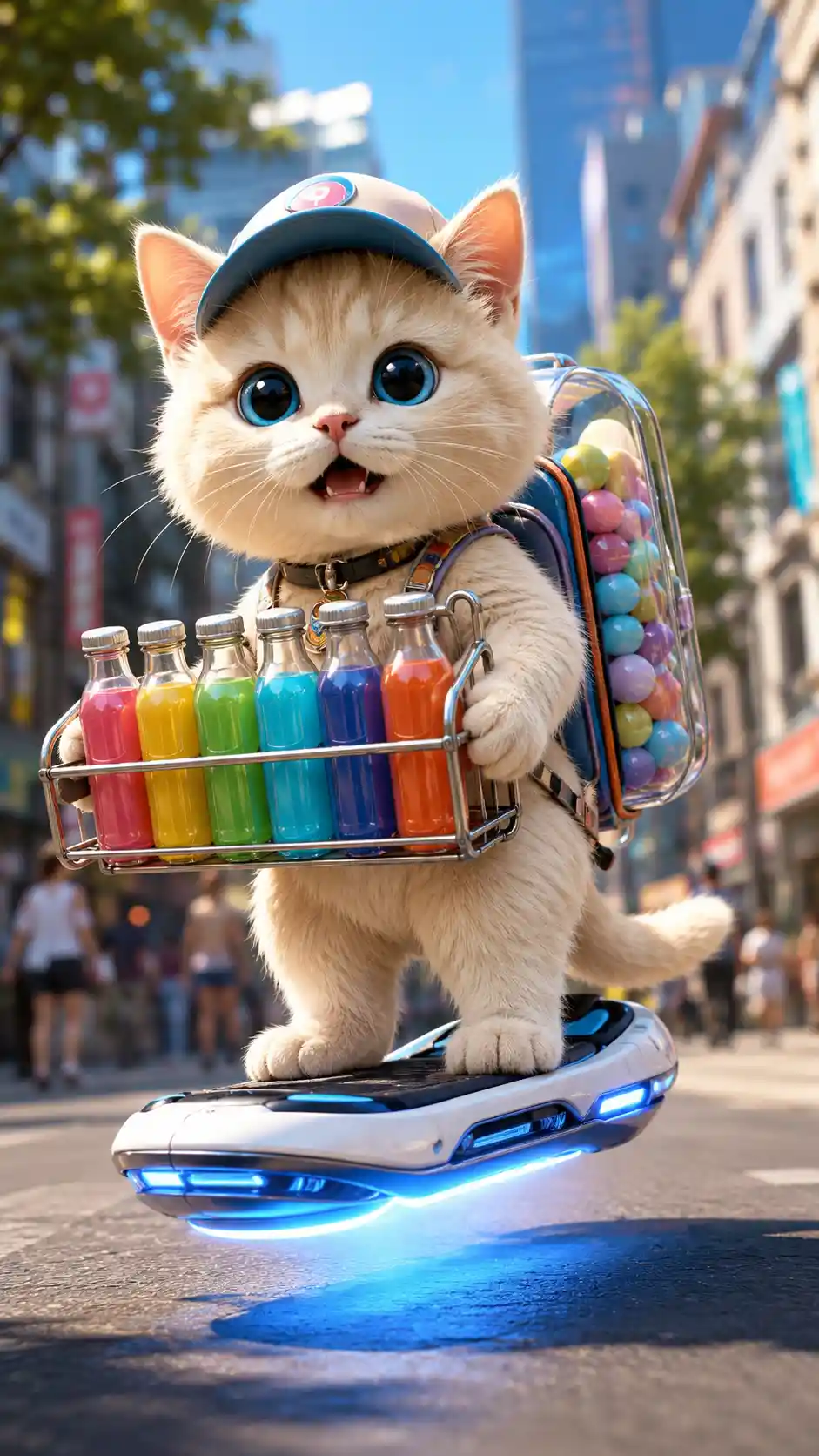 Cute cream cat riding a glowing hoverboard in city street